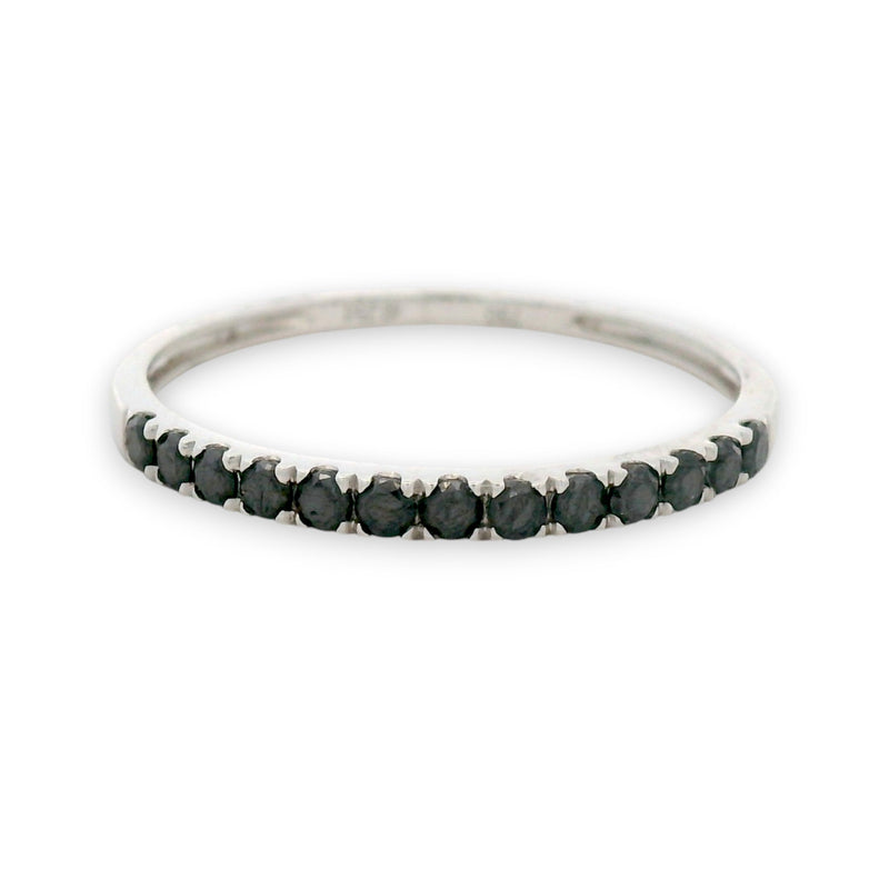 18KT gold black diamond band ring with row of round black diamonds, minimalist stackable design