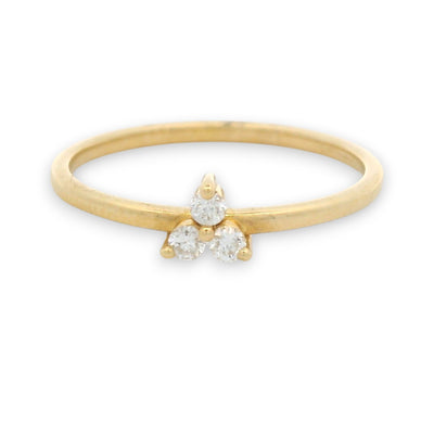 18KT gold delicate trio diamond ring with three round diamonds totaling 0.09 cts in minimal prong setting