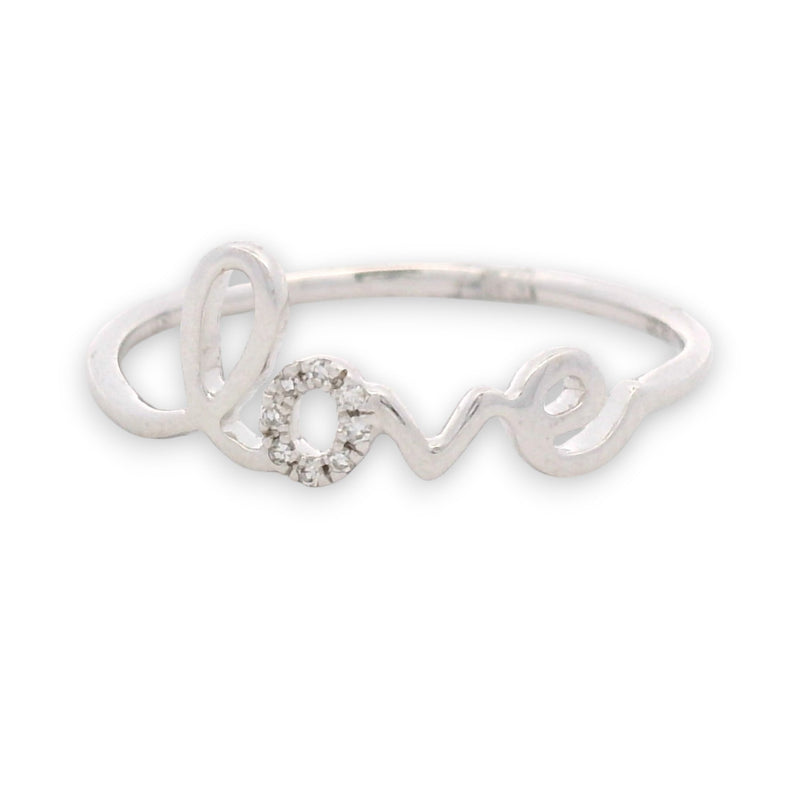 14KT gold love script ring with small diamond accent, delicate romantic ladies ring