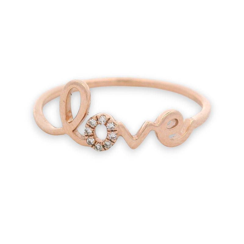 14KT rose gold love script ring with small diamond accent on the letter O, delicate romantic ladies ring