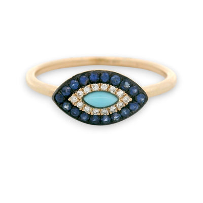 14KT gold evil eye ring with turquoise center, sapphire halo and diamonds, colorful protective ladies ring