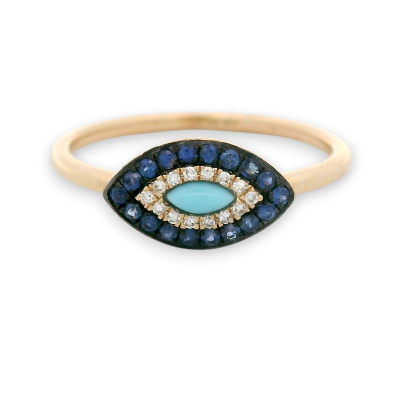 14KT gold evil eye ring with turquoise center, sapphire halo and diamonds, colorful protective ladies ring