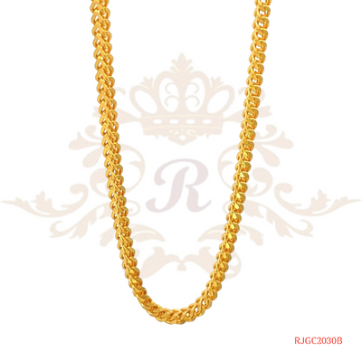 The Gold Chain RJGC2030, a 22k gold chain with a unique and intricate design. The chain is 16 inches in length and features a secure lobster clasp closure. Weighing 9.20 grams, it is a stunning piece of jewelry that would make a great addition to any collection.