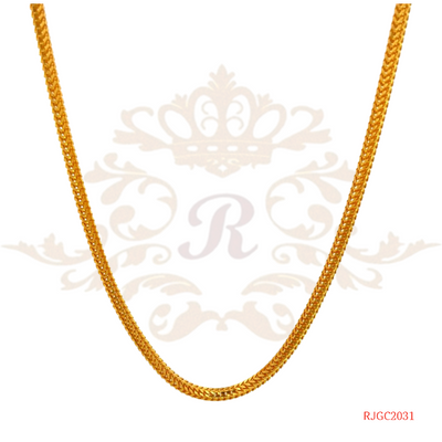 The Gold Chain RJGC2031, a 22k gold chain with a simple yet elegant design. The chain is 18 inches in length and features a secure lobster clasp closure. Weighing 22.50 grams, it is a beautiful and classic piece of jewelry that would make a great addition to any collection.