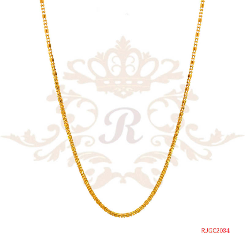 The Gold Chain RJGC2031, a 22k gold chain with a simple yet elegant design. The chain is 18 inches in length and features a secure lobster clasp closure. Weighing 22.50 grams, it is a beautiful and classic piece of jewelry that would make a great addition to any collection.