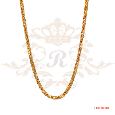 The Gold Chain RJGC2038, an elegant 22kt gold chain perfect for any collection. This chain measures approximately 18 inches in length and features a secure lobster clasp closure. Weighing 6.40 grams, it is a simple yet stylish piece of jewelry suitable for various occasions.