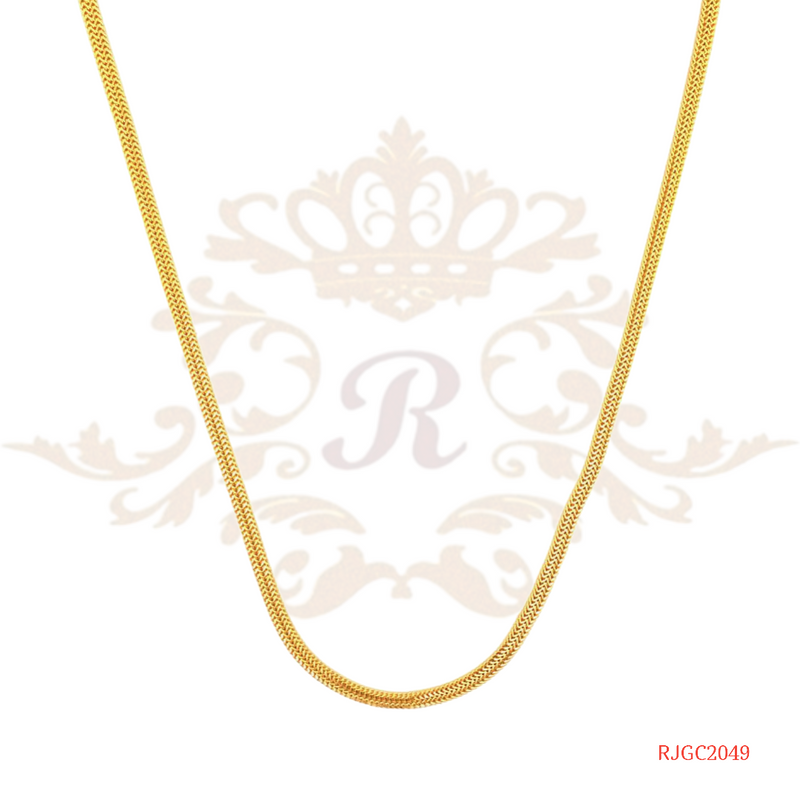 The Gold Chain RJGC2049, a stunning 22kt gold chain from Regal Jewels. This exquisite chain measures 15 inches in length and weighs 8.70 grams. It showcases a unique and intricate design that adds a touch of elegance and sophistication to any outfit. Crafted with high-quality 22kt gold, this chain features a delicate and intricate pattern, making it a truly remarkable piece of jewelry.
