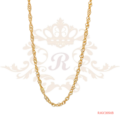 The Gold Chain RJGC2054, a stunning 22kt gold Byzantine chain from Regal Jewels. This unique chain measures 16 inches in length and weighs 1.70 grams. It showcases an intricate and ornate Byzantine chain design, known for its luxurious and elegant look. Crafted with high-quality 22kt gold, this chain is a captivating and eye-catching piece of jewelry.