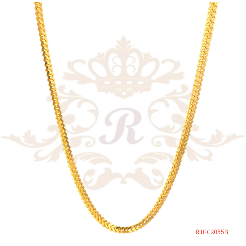 The Gold Chain RJGC2055, a stunning 22kt yellow gold curb chain from Regal Jewels. This versatile chain weighs 34.80 grams and showcases a classic curb chain design. With its simplicity and durability, the curb chain is a popular choice for both men and women. Crafted with high-quality 22kt yellow gold, this chain is a timeless and elegant piece of jewelry.
