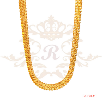 The Gold Chain RJGC2059, a beautiful 22kt yellow gold rope chain from Regal Jewels. This elegant chain weighs 17.60 grams and showcases a classic rope chain design known for its intricate twisting pattern. The delicate and sophisticated look of the rope chain adds an element of timeless beauty to this piece of jewelry. Crafted with high-quality 22kt yellow gold, this chain is a stunning and elegant addition to any collection.