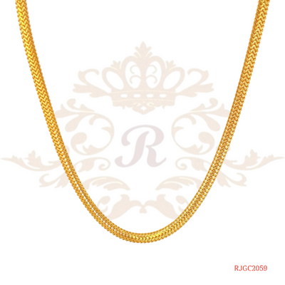 The Gold Chain RJGC2059, a beautiful 22kt yellow gold rope chain from Regal Jewels. This elegant chain weighs 17.60 grams and showcases a classic rope chain design known for its intricate twisting pattern. The delicate and sophisticated look of the rope chain adds an element of timeless beauty to this piece of jewelry. Crafted with high-quality 22kt yellow gold, this chain is a stunning and elegant addition to any collection.