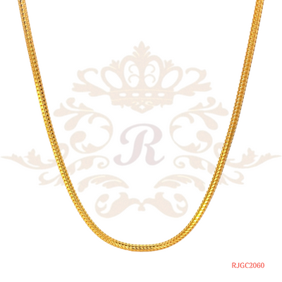 The Gold Chain RJGC2060, a stunning 22kt yellow gold Figaro chain from Regal Jewels. This unique piece of jewelry weighs 14.00 grams and showcases a Figaro chain design known for its distinctive pattern of alternating flattened links. The eye-catching look of the Figaro chain adds a touch of elegance and style to this beautiful chain. Crafted with high-quality 22kt yellow gold, this chain is a stunning addition to any collection.