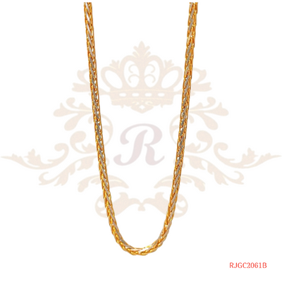 The Gold Chain RJGC2061, a stunning two-tone rhodium and yellow gold chain from Regal Jewels. This unique piece of jewelry weighs 6.80 grams and showcases a captivating combination of yellow gold and rhodium. The two-tone design creates a striking contrast, making a bold and stylish statement. Crafted with high-quality 22kt yellow gold, this chain is a beautiful addition to any collection.