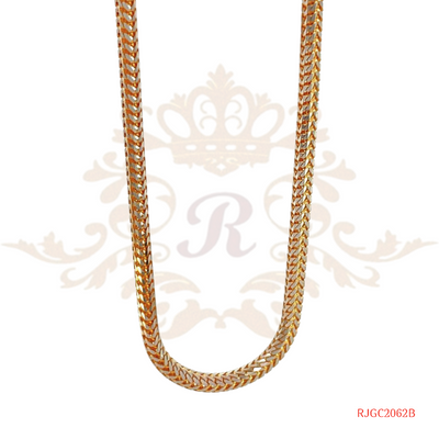 The Gold Chain RJGC2062, a beautiful two-tone rhodium and yellow gold chain from Regal Jewels. This unique piece of jewelry weighs 14.00 grams and showcases a captivating combination of yellow gold and rhodium. The two-tone design creates a striking contrast, making a bold and stylish statement. Crafted with high-quality 22kt yellow gold, this chain is a stunning addition to any collection.