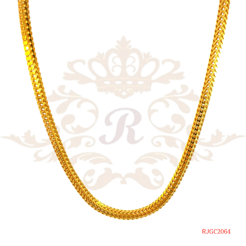 The Gold Chain RJGC2064, a beautiful and elegant piece of jewelry from Regal Jewels. This chain is crafted from high-quality 22kt yellow gold, weighing 45.40 grams. With its classic and timeless design, this chain is a versatile accessory suitable for any occasion. Its exquisite craftsmanship and attention to detail make it a statement piece in any jewelry collection.