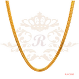 The Gold Chain RJGC2065, a stunning piece of jewelry from Regal Jewels. Crafted from high-quality 22kt yellow gold, this chain weighs 33.70 grams. It features a unique and eye-catching design with interlocking oval links, giving it a modern and sophisticated look. This chain is a statement piece that combines elegance and craftsmanship.