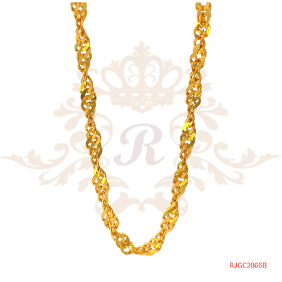 The Gold Chain RJGC2066, a beautiful and elegant piece of jewelry from Regal Jewels. Crafted from high-quality 22kt yellow gold, this chain weighs 8.30 grams. It features a classic and timeless design, making it a versatile accessory suitable for any occasion. This chain is a perfect blend of beauty and craftsmanship.