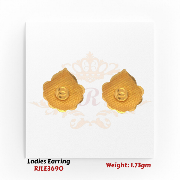 22k Gold earrings on a white card with Regal Jewels branding and product details.