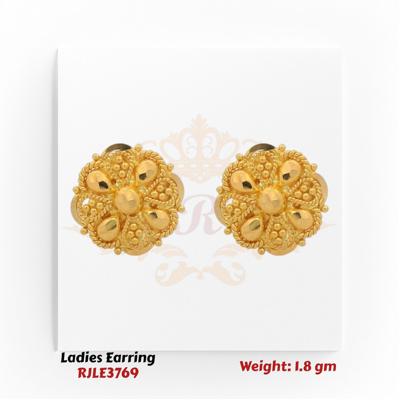 22KT Gold Ladies Earring Pair– Traditional Floral Rope Design – 1.8 gm (RJLE3769)