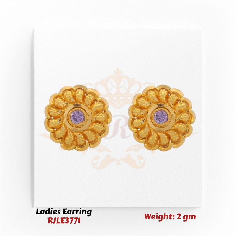 22KT Gold Ladies Earring Pair– Floral Design with Purple CZ Center – 2 gm (RJLE3771)