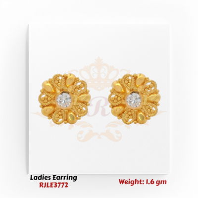 22KT Gold Ladies Earring Pair – Floral CZ Center Design – 1.6 gm (RJLE3772)