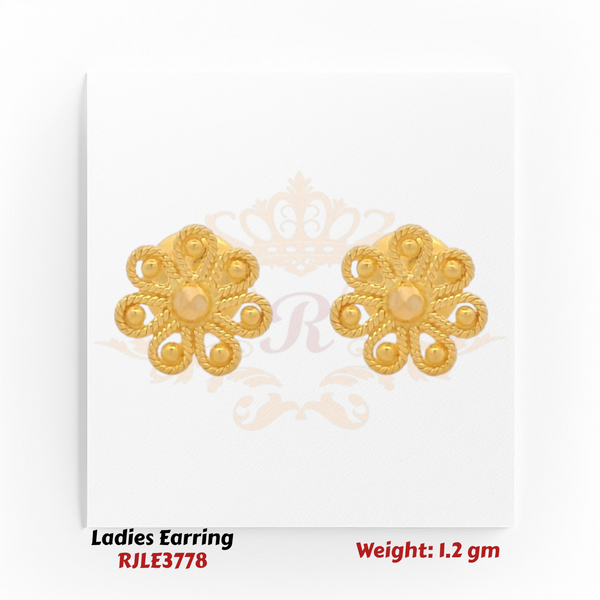 22k Gold floral earrings on a white card with Regal Jewels branding and product details.