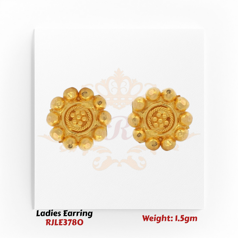 22KT Gold Ladies Earring Pair– Floral Beaded Stud Design – 1.5 gm (RJLE3780)