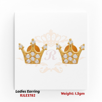 22KT Gold Ladies Earring Pair– Crown Design with CZ Stones – 1.5 gm (RJLE3782)