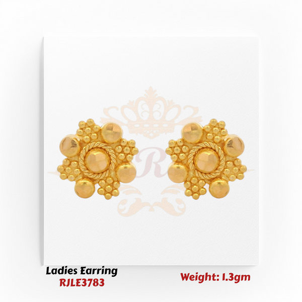 22k Gold earrings on a white card with Regal Jewels branding and product details.