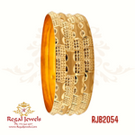 Set of 4 22kt gold machine-made engraved bangles with a solid flat surface and rounded edges. Weight 92.90 gm. SKU RJB2054.