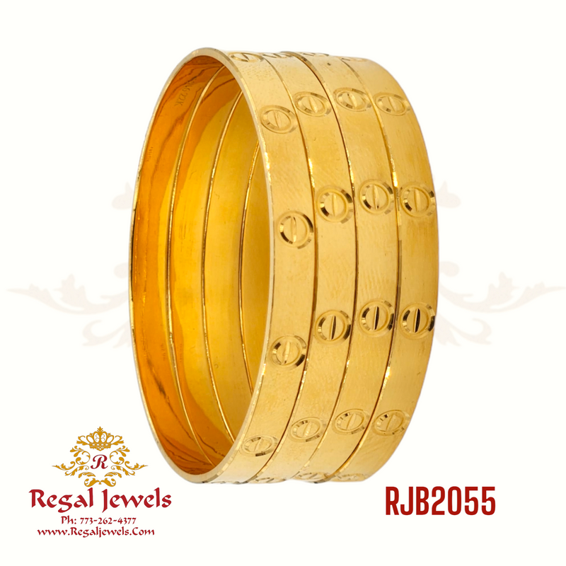Set of 4 22k gold machine-made bangles with a flat and modern design, engraved with intricate patterns. Weight 81.50 gm. SKU RJB2055.