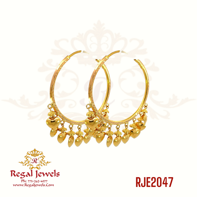 22kt gold Bali with Patra hangings on a plain Bali, featuring Punjabi style. SKU: RJE2047. Weight: 13.40 grams.