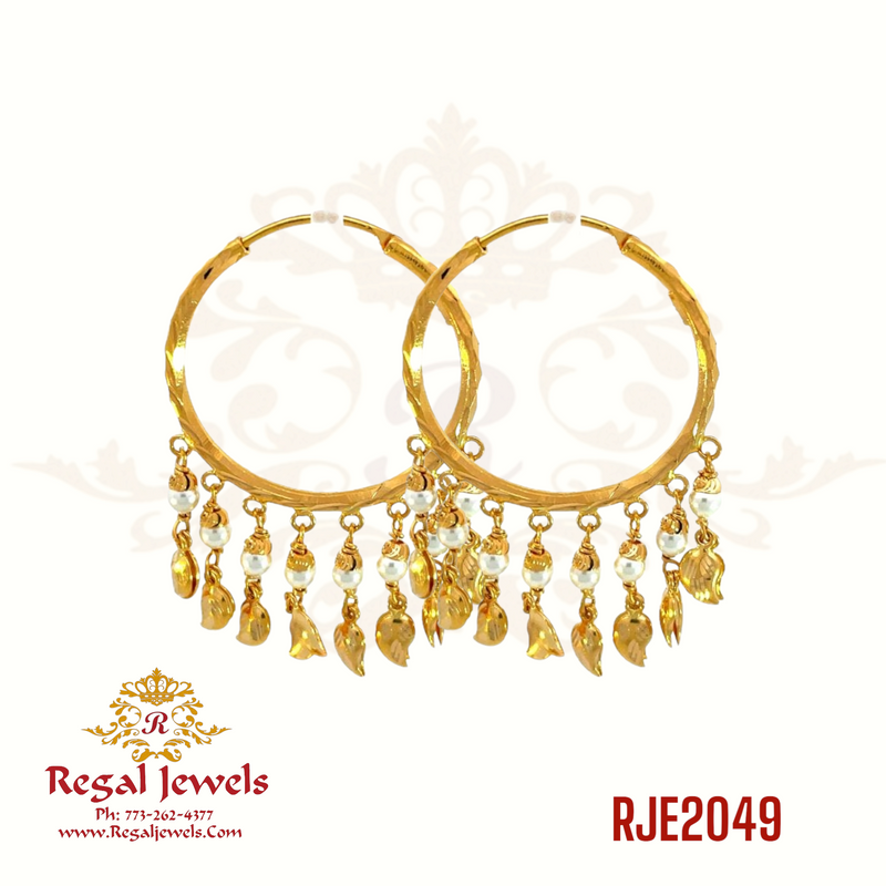 22k gold bali earrings feature pearls and patra hangings. The SKU is RJE2049, and they weigh 8.10gm. The height of the earrings is 4.0cm, and the width is 2.5cm.