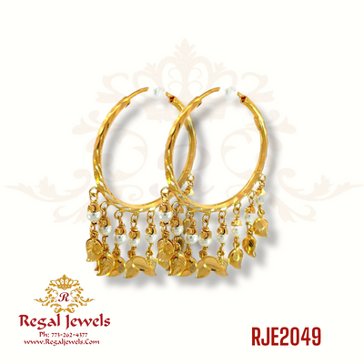 22k gold bali earrings feature pearls and patra hangings. The SKU is RJE2049, and they weigh 8.10gm. The height of the earrings is 4.0cm, and the width is 2.5cm.