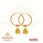 22k gold Bali earring with small gold hangings and Jhumka, featuring a traditional Punjabi Bali design. SKU: RJE2052. Weight: 9.80 grams. Height: 4.8cm. Width: 2.9cm