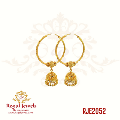 22k gold Bali earring with small gold hangings and Jhumka, featuring a traditional Punjabi Bali design. SKU: RJE2052. Weight: 9.80 grams. Height: 4.8cm. Width: 2.9cm