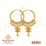 22k gold Bali earring with small gold hangings, featuring a traditional Punjabi Bali design. SKU: RJE2053. Weight: 9.70 grams. Height: 4.5cm. Width: 2.0cm.