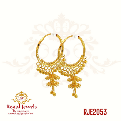 22kt gold Bali earring with small gold hangings, featuring a traditional Punjabi Bali design. SKU: RJE2053. Weight: 9.70 grams. Height: 4.5cm. Width: 2.0cm.