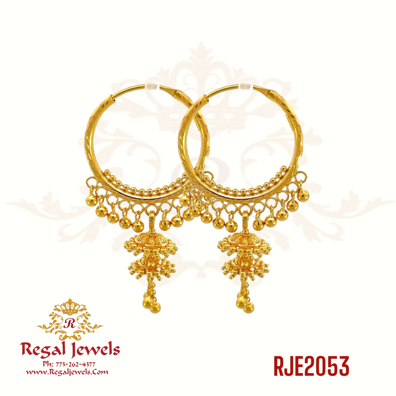 22k gold Bali earring with small gold hangings, featuring a traditional Punjabi Bali design. SKU: RJE2053. Weight: 9.70 grams. Height: 4.5cm. Width: 2.0cm.