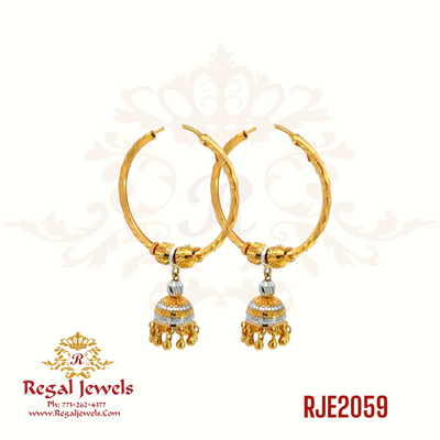 22k gold Bali with a ball in the middle, featuring a two-tone design of yellow gold and rhodium, with Jhumka. SKU: RJE2059. Weight: 7.50 grams. Height: 4.0cm. Width: 2.5cm.