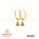 22k gold Bali with a ball in the middle, featuring a two-tone design of yellow gold and rhodium, with Jhumka. SKU: RJE2059. Weight: 7.50 grams. Height: 4.0cm. Width: 2.5cm.