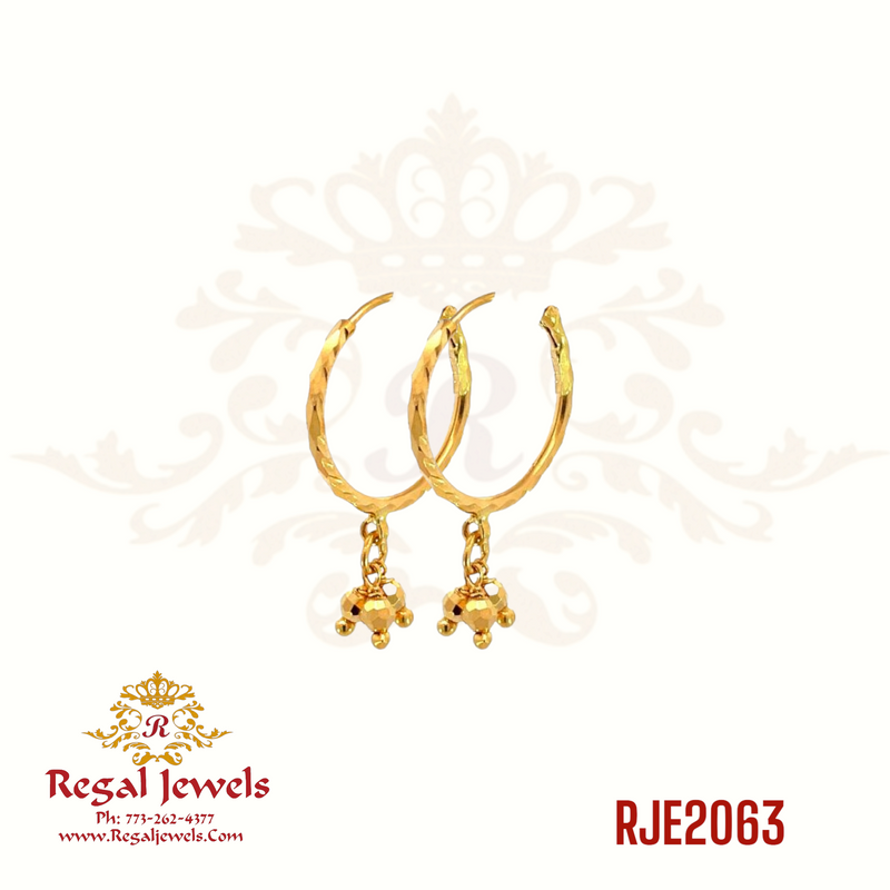 22k gold bali earrings are small in size and feature hangings of gold balls. The SKU is RJE2063, and they weigh 1.80gm. The height of the earrings is 2.5cm, and the width is 1.5cm.