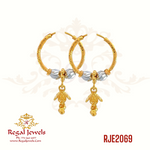 22k gold Bali Earrings in two-tone yellow gold and rhodium, with hanging. SKU: RJE2069. Weight: 3.10 grams. Height: 2.8cm. Width: 1.5cm.