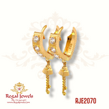 22k gold Bali Earrings with Cubic Zirconia in all yellow gold. SKU: RJE2071. Weight: 3.20gm Height:1.3cm Width: 1.1cm