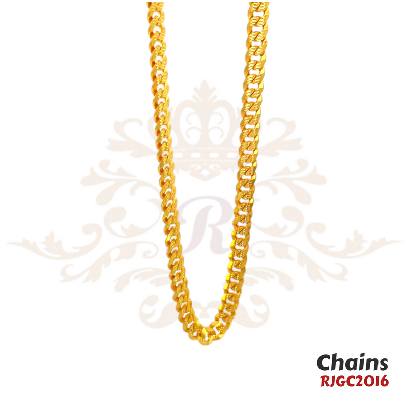 Gold Chain RJGC2016, a stunning 22k yellow gold chain showcasing traditional Indian craftsmanship. It features a unique design with intricate detailing. Weight 46.60 gm, length 21 inches.