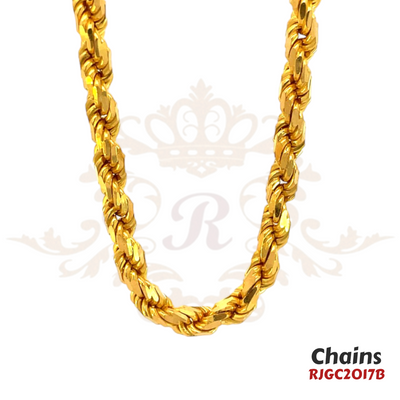 Gold Chain RJGC2017, a beautiful 22k yellow gold rope chain with a classic interlocking link design. It showcases a simple and elegant pattern. Weight 70.00 gm, length 23 inches.