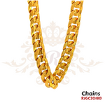 Gold Chain RJGC2018, a stylish and durable 22k yellow gold Cuban Link chain. It showcases a unique pattern of tightly woven interlocking links, creating a bold and striking appearance. Weight 65.40 gm, length 21 inches.
