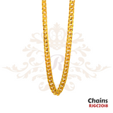 Gold Chain RJGC2018, a stylish and durable 22k yellow gold Cuban Link chain. It showcases a unique pattern of tightly woven interlocking links, creating a bold and striking appearance. Weight 65.40 gm, length 21 inches.