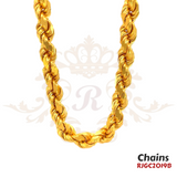 Gold Chain RJGC2019, a versatile 22k yellow gold rope chain. It showcases a unique and elegant design with twisted links that resemble a rope. Weight 101.40 gm, length 21 inches.