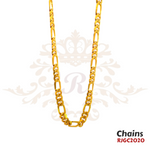 Gold Chain RJGC2020, a classic 22k yellow gold link chain. It showcases a series of interlocking links with a smooth finish, exuding elegance and sophistication. Weight 45.80 gm, length 20 inches.
